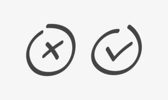 check mark and cross in circle. black icon brush line vector