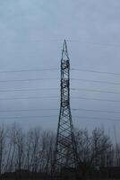 A tall power line with trees in the background photo