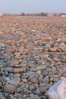 A person sitting on a beach with a bag of rocks photo