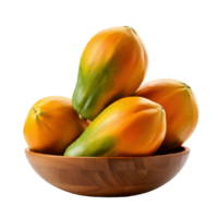 Whole ripe papaya spilling from a bowl with vibrant golden pulp and seeds, evoking a refreshing tropical flavor with a focus on health benefits png