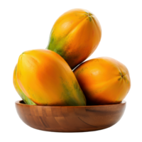 Whole ripe papaya overflowing from a bowl, brimming with tropical color and healthy seeds, showcasing its vitality and health benefits png
