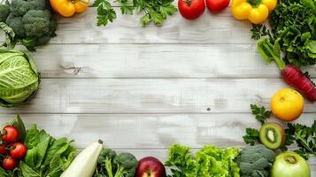Fresh fruits and vegetables arranged in frame image copy space, . Ingredients of healthy dinner banner background blurred. Enjoying fresh farm food concept photography copyspace photo