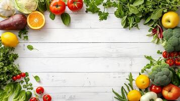 Frame with tasty food ingredients image copy space, . Fruits and vegetables border on table top view banner background blurred. Veganism benefits concept photography copyspace photo