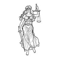 A coloring page of lady justice holding a sword vector