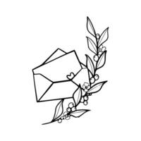 A black and white drawing of an envelope with leaves vector