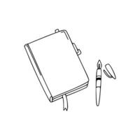 A notebook and pen are shown in a line drawing vector