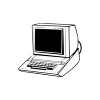 An old computer is shown in a black and white drawing vector