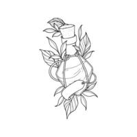 A drawing of a bottle with leaves and a snake vector