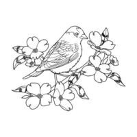 A bird sitting on a branch with flowers coloring page vector