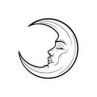 A black and white drawing of a crescent with a face vector