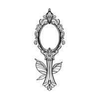 A black and white drawing of a mirror with leaves vector