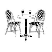 A black and white drawing of two chairs and a table vector