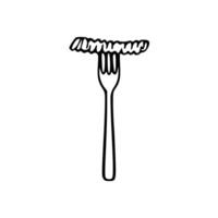 Fork with spaghetti on it, black and white illustration vector