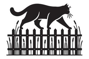 Silhouette of a Cat Walking on a Fence vector