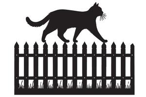Silhouette Illustration of a Cat Walking on a Picket Fence vector