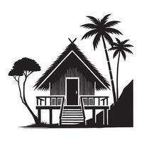 Silhouette of Tropical Hut with Palm Trees vector