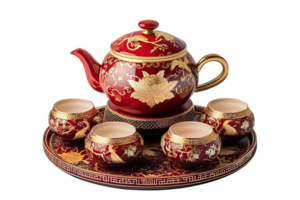 A red tea set with gold leaf on it png