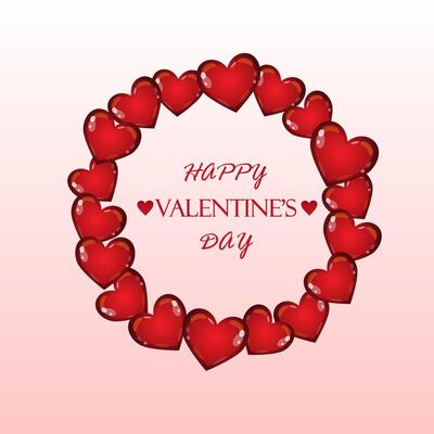 Circle frame with red glass hearts. Valentine's Day design element. Romantic banner or invitation card