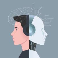 Human being and AI robot merging together, future and technology innovation concept, Human brain and AI Chip concept, Concept of artificial intelligence, vector