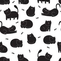Seamless pattern little black cat. with fish. Hand drawn style. vector