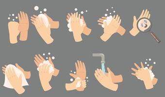 New Hand hygiene guide set. Steps of arm washing process, wrists with soap, foam, tap with flowing water, drying with towel. For hospital WC or medical infographics, health care, infection concept vector