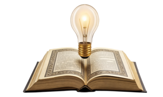 An open book that has a light bulb placed right on top of it png