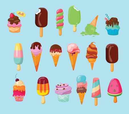 New isolated. Sweet cold dessert collection. Vanilla, chocolate and mint tastes. Colorful frozen snacks. Sundae and scoop.