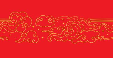 Clouds and stars on a red background. Abstract seamless pattern in oriental style. Decorative frame. vector