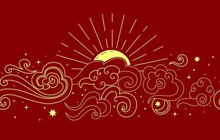 Sun, clouds in the sky. Abstract seamless pattern in oriental style. Decorative Chinese frame. vector