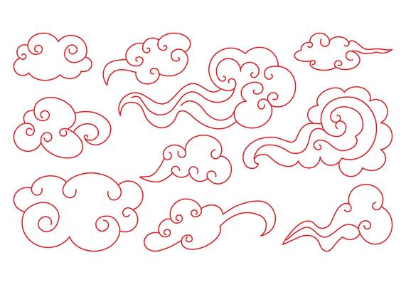 Clouds set in oriental style. Decorative red Chinese illustration.