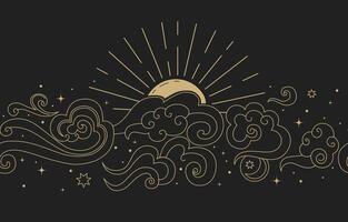 Sun, clouds in the night sky. Abstract seamless pattern in oriental style. Decorative Chinese black magic frame. vector