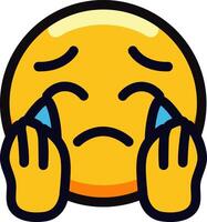 Crying emoji with tears and hands on cheeks expressing sadness. vector