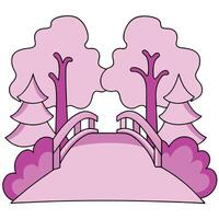 Pink Bridge Scenic Pathway Trees, Shrubs, and Tranquil Scene vector