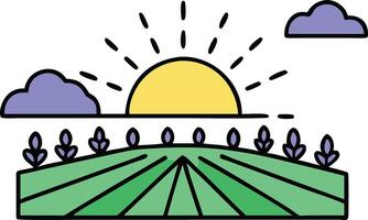 Sunrise Over Rolling Green Fields, Lavender Plants, Peaceful Nature vector