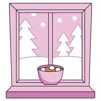 Cozy Winter Window Scene Hot Chocolate, Snow, and Trees vector
