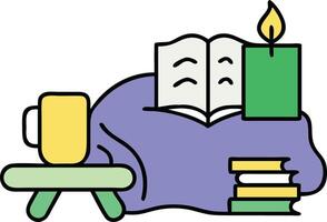 Cozy Reading Nook Books, Candle, Mug, Blanket, Table, Relaxation vector