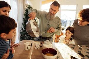 A big happy family cooks and has fun together at home, family live photo