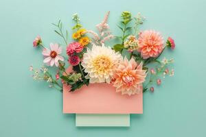 A delightful arrangement of vibrant flowers bursts from a pastel envelope against a fresh mint background photo