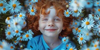 A joyful child with red curls smiles amid vibrant daisies, capturing the playful essence photo