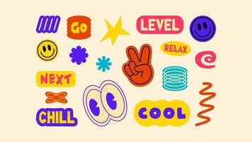 Futuristic Y2K-inspired patches, labels, tags, stickers, and bracelet stamps in a retro style. Funky cartoon stickers with a hipster, groovy, and 90s vibe. Trendy set vector