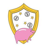 Hand drawn shield with a piggy bank and coins. Design of no buy concept. vector