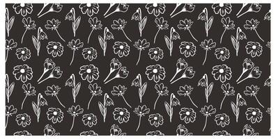 Seamless pattern with spring doodle flowers on dark background. vector