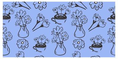 Seamless pattern with doodle flowers and vase. Spring design on violet background. vector