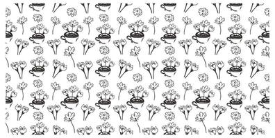 Seamless pattern with doodle flowers and coffee cup. Spring design on white background. vector