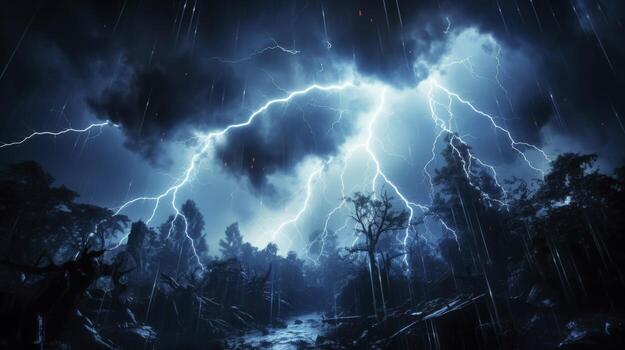 un oscuro bosque con relámpago y lluvia foto