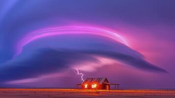 A lightning bolt strikes a house in the middle of a storm photo