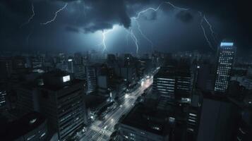 A city with lightning and thunder in the sky photo