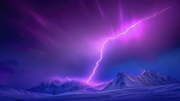 Lightning striking over mountains in purple photo