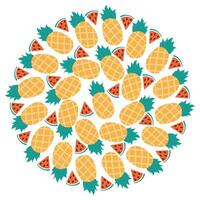 Triangular Watermelon slices and whole Pineapples Circular Summertime Fruits background Texture idea. Isolated illustration Thematic cards or web promo banner, leaflets, print materials or tags vector