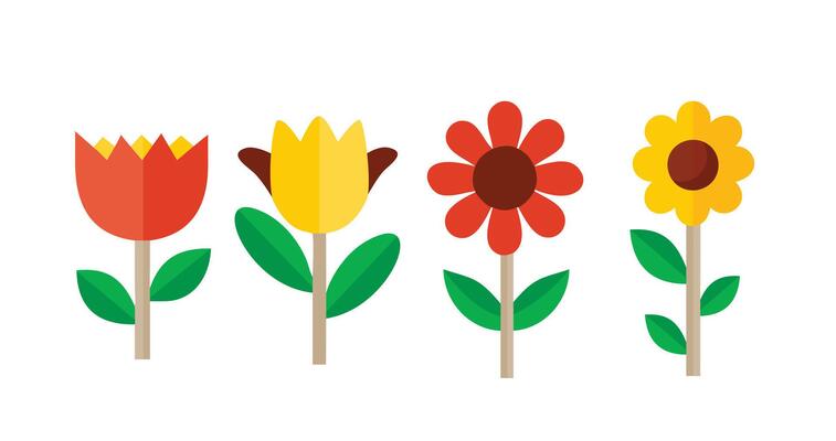 Four colorful flowers are shown on a white background, Flowers clip art illustration set